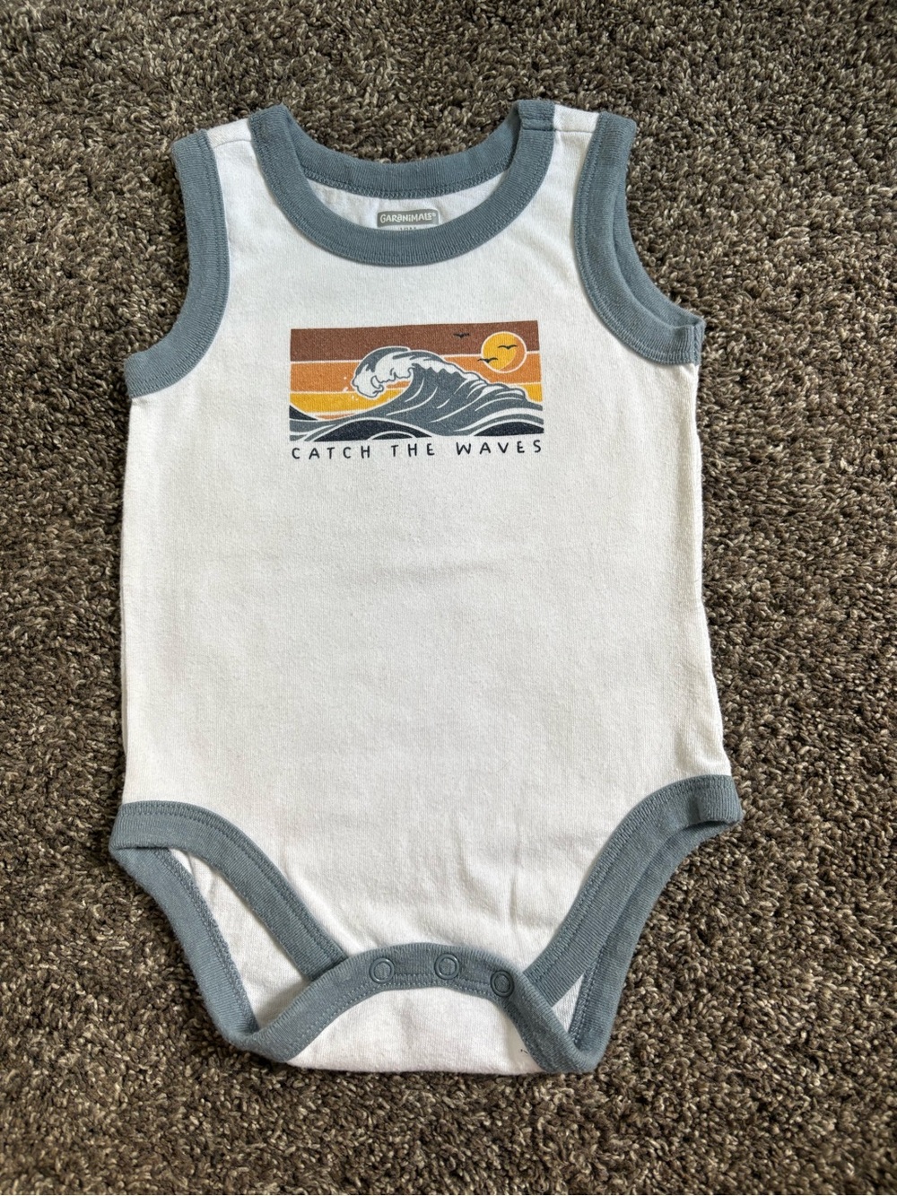 Garanimals White One-Piece Bodysuit with Gray Trim and Surf Graphic